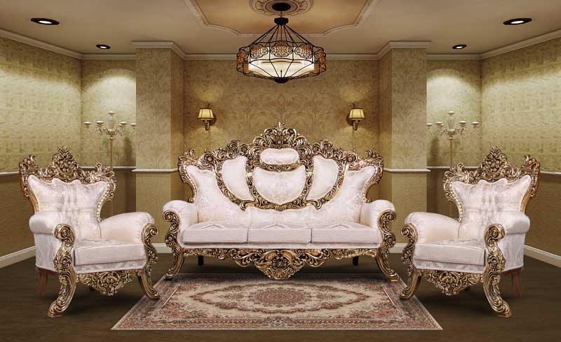 مبل سلطنتی استیل کلاسیک طلایی سفید کاغذ دیواری طرحدار پذیرایی